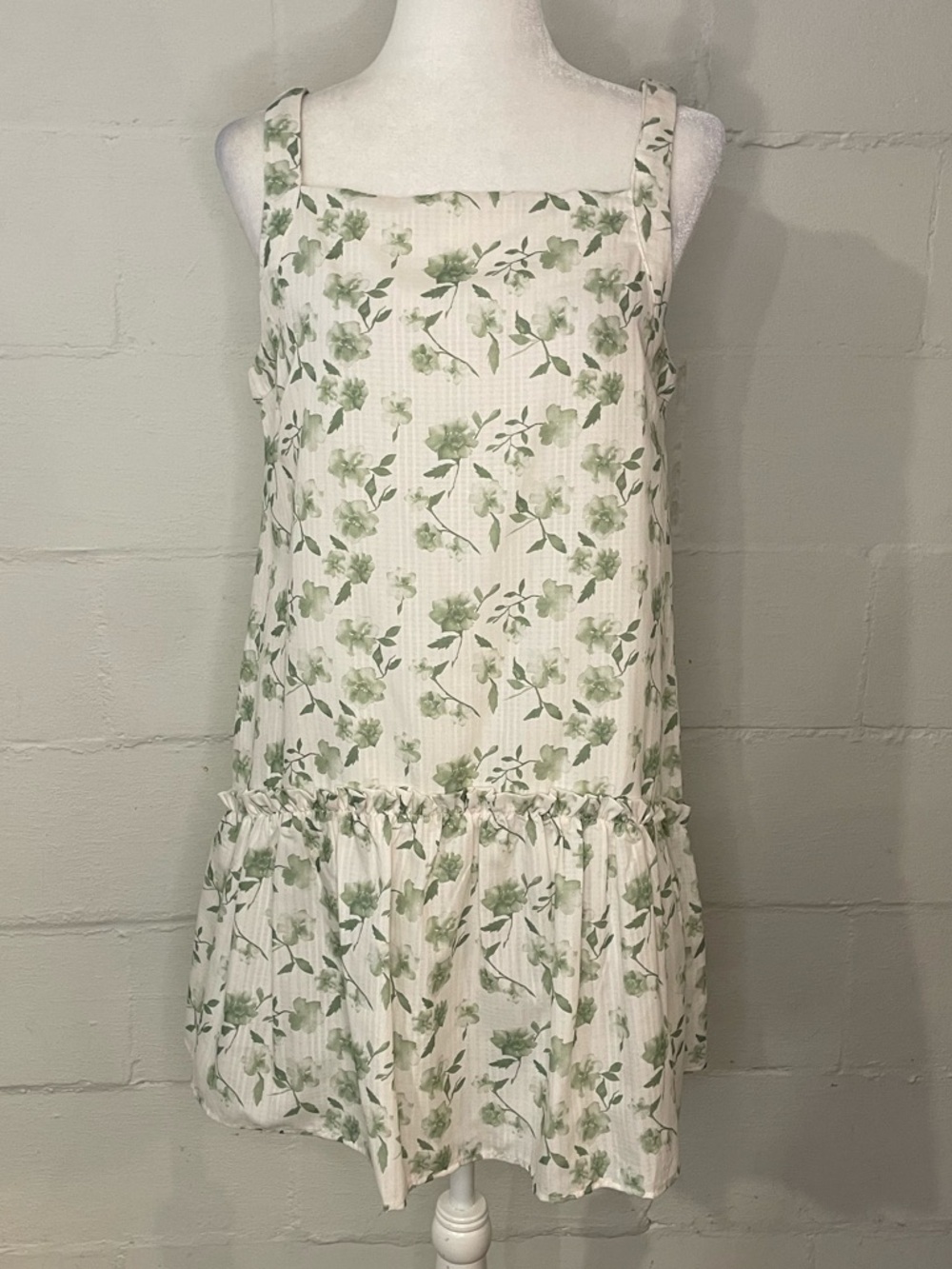 Floral Square-Neck Mini Dress in Light Green